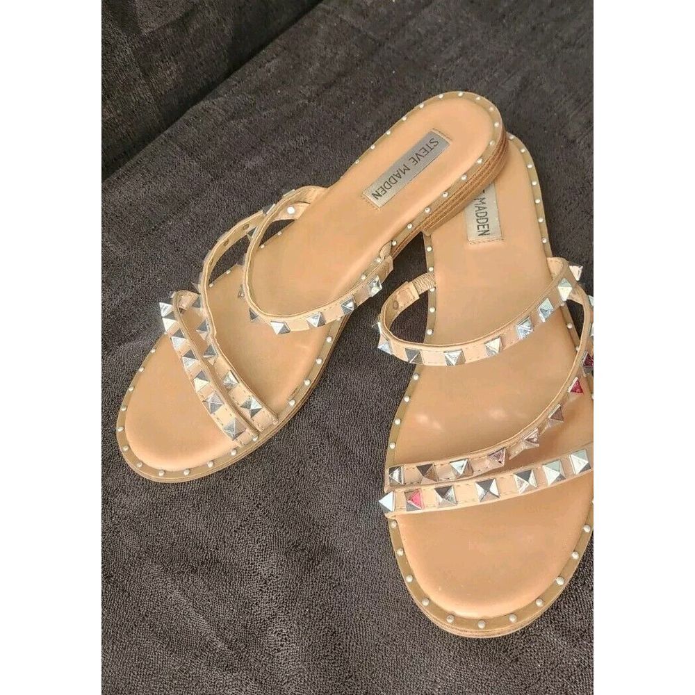 STEVE MADDEN STUDDED SLIP ON FLAT SANDALS TAN WOMENS‎ SIZE 8